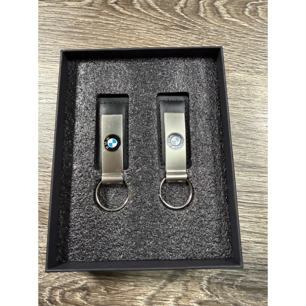 BMW Black Leather and Metal Keychains Set of 2 in Box Southpoint NEW